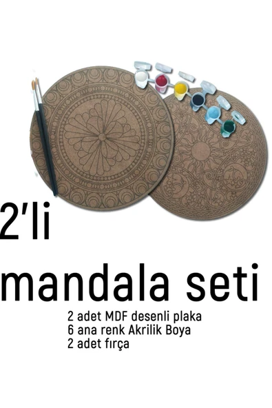 dudu ahşap 2Li Mandala Boyama Seti- 2 DESENLİ PLAKA-6 RENK AKRİLİK BOYA-2 ADET FIRÇA - 2