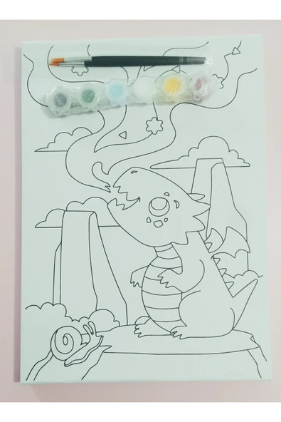 dudu ahşap 25x35 Resimli Tuval Çocuk Boyama Seti- Ejderha-6 renk akrilik boya ve 2 fırça adet fırça - 6