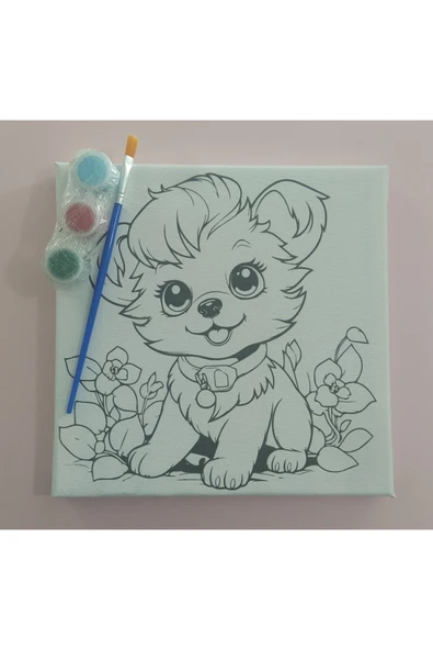 dudu ahşap 20x20 Resimli Tuval Çocuk Boyama Seti- Sevimli Köpek-2 3 Akrilik Boya+ 1 Fırça ile birlikte - 3