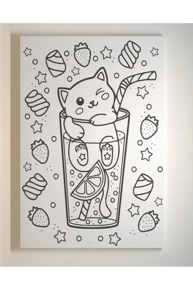 dudu ahşap 25x35 Resimli Tuval Çocuk Boyama Seti- BARDAK KEDİ-6 renk akrilik boya ve 2 fırça adet fırça - 3