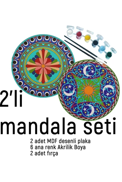 dudu ahşap 2Li Mandala Boyama Seti- 2 DESENLİ PLAKA-6 RENK AKRİLİK BOYA-2 ADET FIRÇA