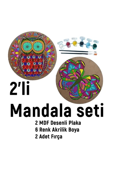 dudu ahşap 2Li Mandala Boyama Seti- 2 DESENLİ PLAKA-6 RENK AKRİLİK BOYA-2 ADET FIRÇA - 1
