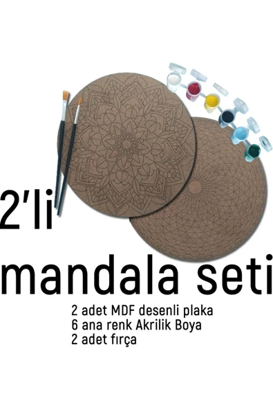 dudu ahşap 2Li Mandala Boyama Seti- 2 DESENLİ PLAKA-6 RENK AKRİLİK BOYA-2 ADET FIRÇA - 2