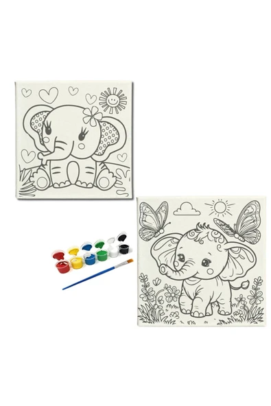 dudu ahşap 2'li Tuval Boyama Seti. 20x20 CM UV baskı sevimli karakterler + 6 Akrilik Boya + 1 Fırça - 1