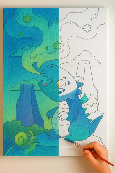 dudu ahşap 25x35 Resimli Tuval Çocuk Boyama Seti- Ejderha-6 renk akrilik boya ve 2 fırça adet fırça