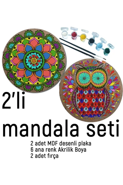 dudu ahşap 2Li Mandala Boyama Seti- 2 DESENLİ PLAKA-6 RENK AKRİLİK BOYA-2 ADET FIRÇA