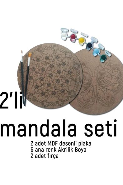 2Li Mandala Boyama Seti- 2 DESENLİ PLAKA-6 RENK AKRİLİK BOYA-2 ADET FIRÇA - 2