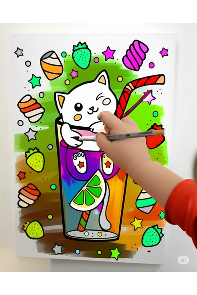 dudu ahşap 25x35 Resimli Tuval Çocuk Boyama Seti- BARDAK KEDİ-6 renk akrilik boya ve 2 fırça adet fırça - 2