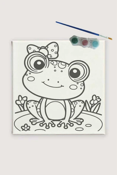 dudu ahşap 20x20 Resimli Tuval Çocuk Boyama Seti- Kurbağa Prenses 3 Akrilik Boya+ 1 Fırça ile birlikte