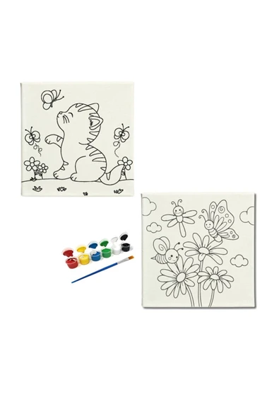dudu ahşap OKUL Etkinliği-2'li Tuval Boyama Seti. 20x20 Cm Uv Baskı 6 Akrilik Boya 1 Fırça-model-49 - 1