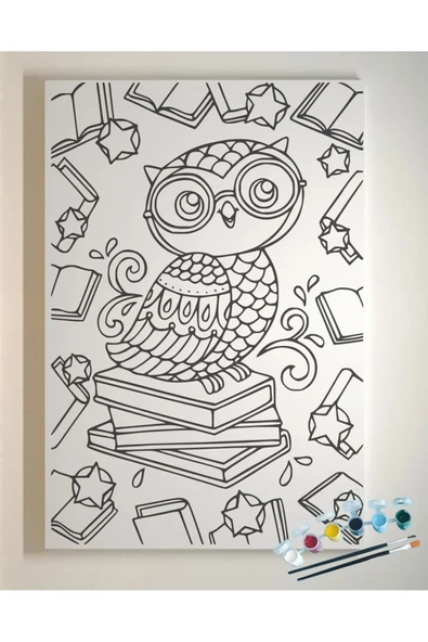 dudu ahşap 25x35 Resimli Tuval Çocuk Boyama Seti- Baykuş-6 renk akrilik boya ve 2 fırça adet fırça - 3