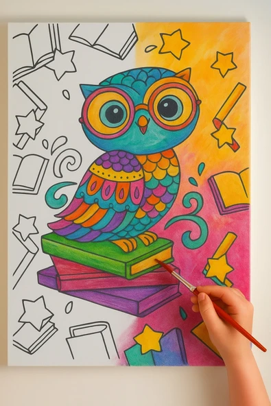 dudu ahşap 25x35 Resimli Tuval Çocuk Boyama Seti- Baykuş-6 renk akrilik boya ve 2 fırça adet fırça