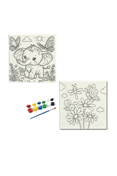 dudu ahşap OKUL Etkinliği-2'li Tuval Boyama Seti. 20x20 Cm Uv Baskı 6 Akrilik Boya 1 Fırça-model-53 - 1