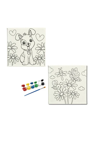 dudu ahşap OKUL Etkinliği -2'li Tuval Boyama Seti. 20x20 Cm Uv Baskı 6 Akrilik Boya 1 Fırça-model-51