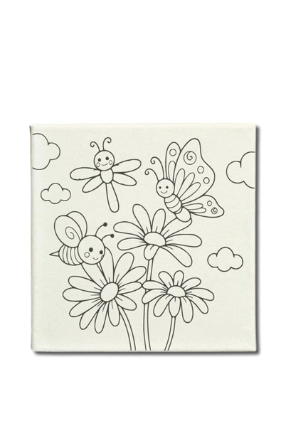 dudu ahşap OKUL Etkinliği 20x20 Resimli Tuval Çocuk Boyama Seti- Çiçekler-Kelebek resimli 3 boya 1 fırça - 2