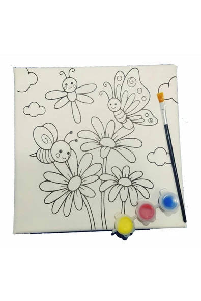 dudu ahşap OKUL Etkinliği 20x20 Resimli Tuval Çocuk Boyama Seti- Çiçekler-Kelebek resimli 3 boya 1 fırça - 3