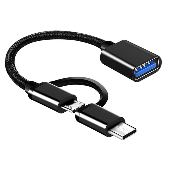 Type C +mikro usb otg kablo 2in1 ip örgülü type-c + mikro otg kablo