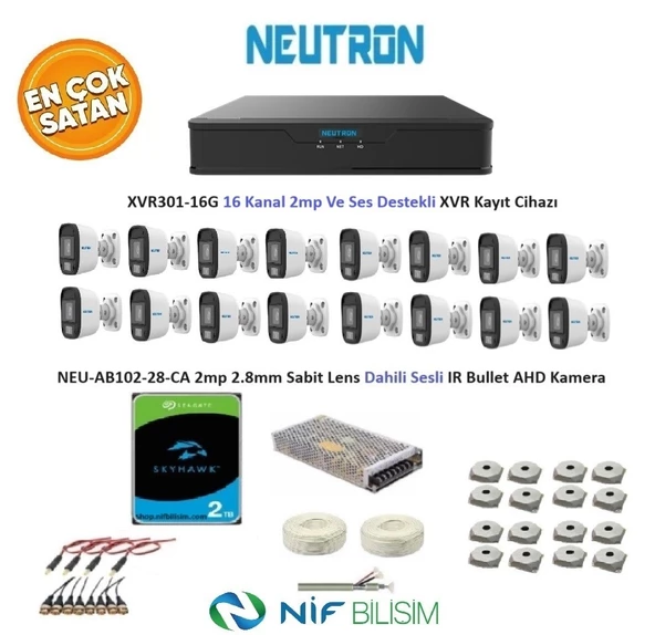 Neutron 2mp 16 kameralı Sesli Dış ortam AHD Full Kamera Seti 2TB Disk XVR301-16G NEU-AB102-28-CA