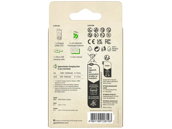 GP E221 USB Pil Şarj Cihazı 2 Adet 2600 AA Kalem Pilli Set - 2