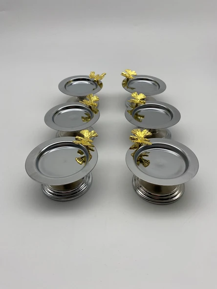 6'lı Kelebekli Gümüş Makaronluk, Lokumluk, Çay ve Kahve Yanı Sunumluk, Metal Şekerlik - 5