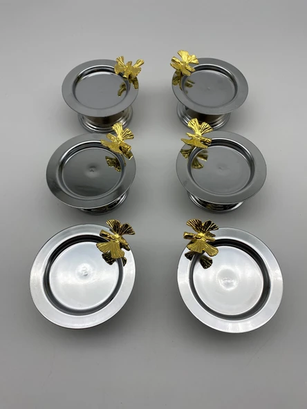 6'lı Kelebekli Gümüş Makaronluk, Lokumluk, Çay ve Kahve Yanı Sunumluk, Metal Şekerlik - 4