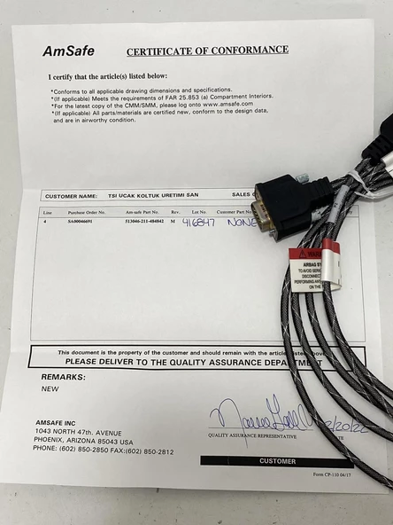 Amsafe Emniyet Kemeri Modül Kablosu 513046-211-484842 (2 Adet) - Resim 7