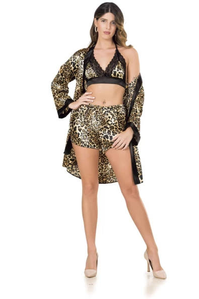 Kadın Leopar Saten Sabahlık Şort Takım - 2