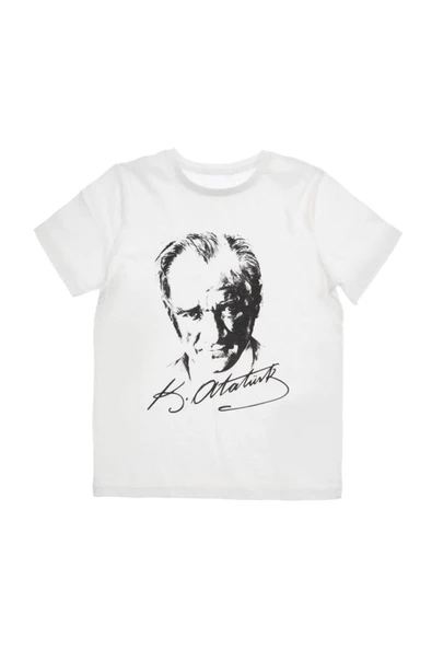 Unisex Çocuk Beyaz Atatürk Baskılı Kısa Kollu T-shirt