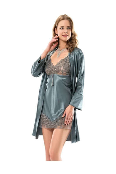 Kadın Mavi Dantel Detaylı Nakışlı Saten Kısa Gecelik Sabahlık Takımı - 2