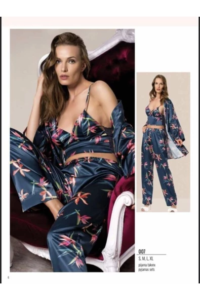 Kadın Lacivert Saten Pijama Takımı 007