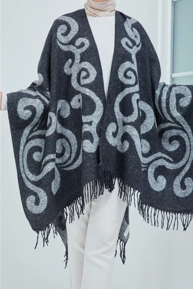 Hep Trend Kadın Çift Taraflı Saçaklı Omuz Şalı Panço - 3