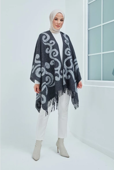 Hep Trend Kadın Çift Taraflı Saçaklı Omuz Şalı Panço - 5