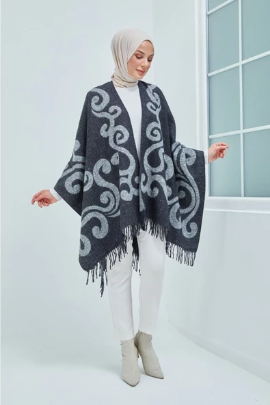 Hep Trend Kadın Çift Taraflı Saçaklı Omuz Şalı Panço - 4