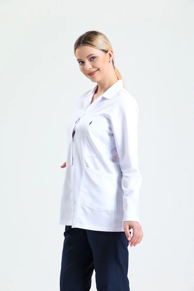 Önlük Doktor Hemşire Eczacı Lab Öğretmen Önlüğü Gömlek Yaka Kısa Beyaz Önlük - 3