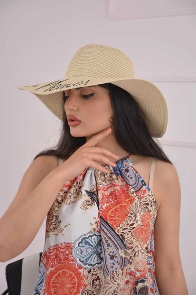 Bej Nakışlı Hasır Şapka - 2
