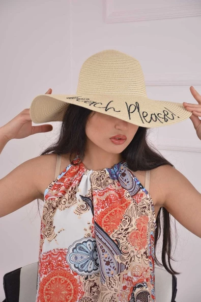 Bej Nakışlı Hasır Şapka - 3