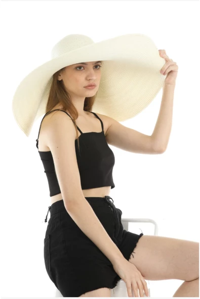 Geniş Kenarlı Krem Hasır Şapka - 5