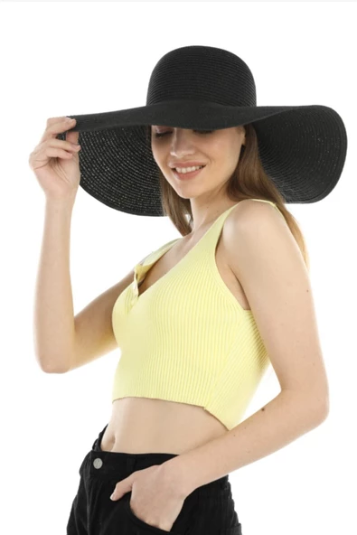 Geniş Kenarlı Siyah Hasır Şapka. - 3