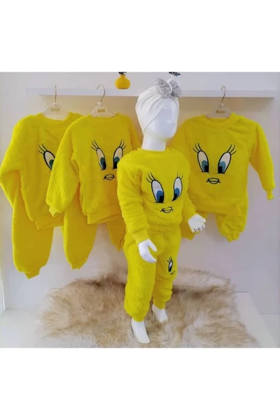 Sarı Tweety Nakışlı Peluş Kız - Erkek Çocuk Welsoft Eşofman Takımı 2-12 Yaş - 4