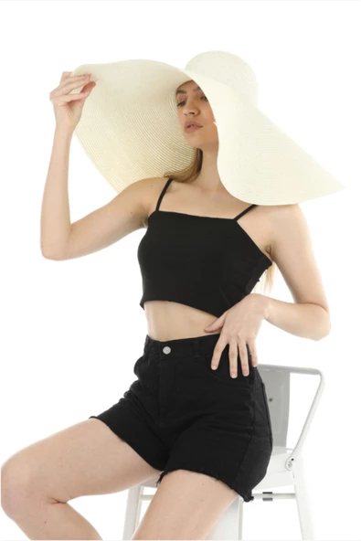 Geniş Kenarlı Krem Hasır Şapka - 3