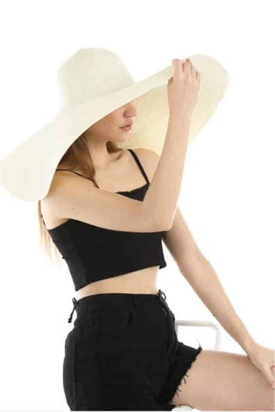 Geniş Kenarlı Krem Hasır Şapka - 2