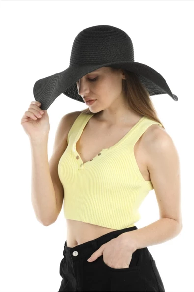 Geniş Kenarlı Siyah Hasır Şapka. - 4