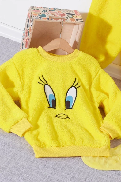 Sarı Tweety Nakışlı Peluş Kız - Erkek Çocuk Welsoft Eşofman Takımı 2-12 Yaş - 3