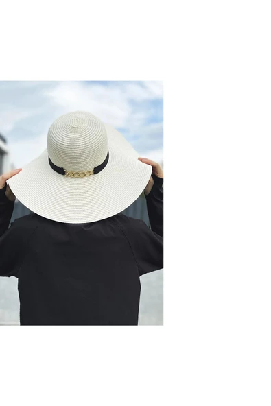 Kadın Zincir Detaylı GENİŞ kENARLI Hasır Şapka