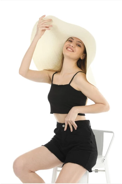 Geniş Kenarlı Krem Hasır Şapka - 4