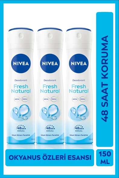 Nivea Kadın Sprey Deodorant Fresh Natural 150ml, Ter Kokusuna Karşı 48 Saat Koruma, Okyanus Özleri, X3Adet