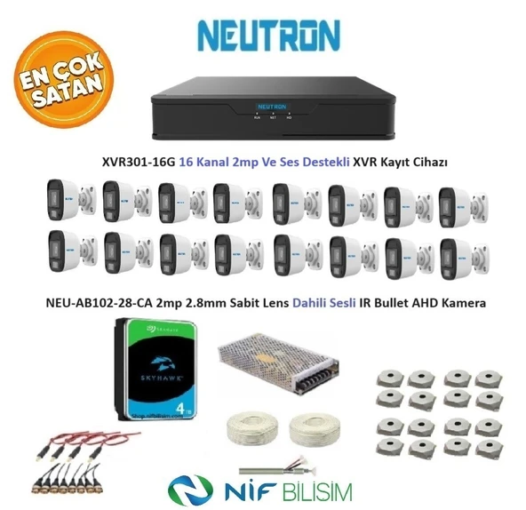 Neutron 2mp 16 kameralı Sesli Dış ortam AHD Full Kamera Seti 4TB Disk XVR301-16G NEU-AB102-28-CA
