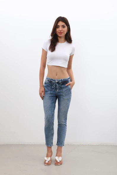 Kadın Bağcıklı Likralı Jean Pantolon - 5