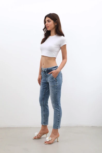 Kadın Bağcıklı Likralı Jean Pantolon - 4