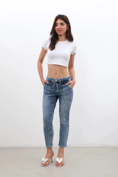 Kadın Bağcıklı Likralı Jean Pantolon - 8